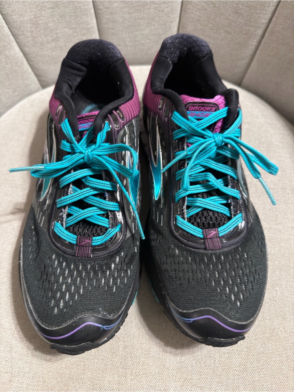 Women’s Brooks Ghost 9 Black Running Shoes with Teal Laces and Purple Accents